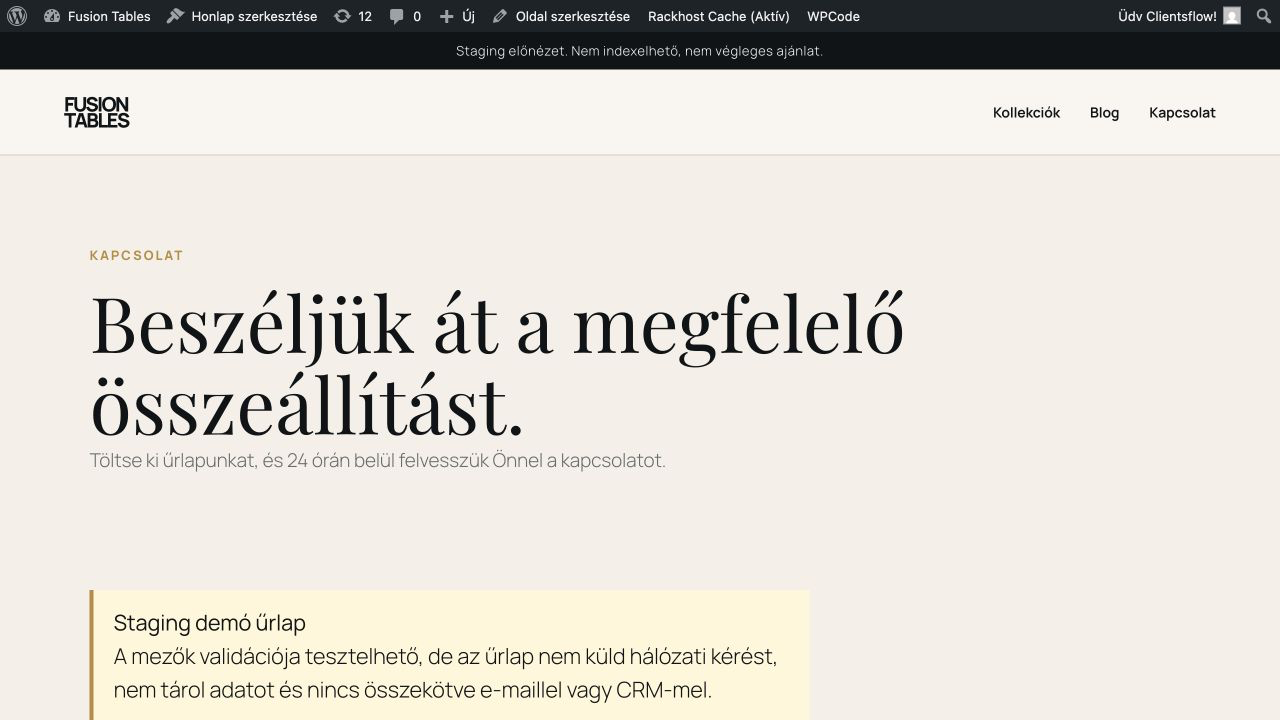 Az új staging kapcsolat oldal